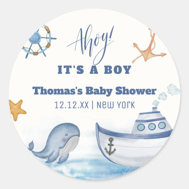 Modern Ahoy Boy Whale Sailboat Baby Shower  Classic Round Sticker (Front)