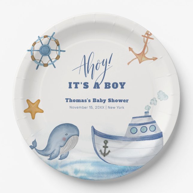 Modern Ahoy Boy Whale Sailboat Baby Shower  Paper Plate (Front)