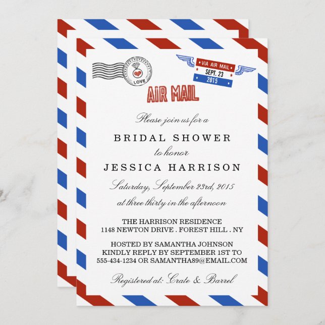 Modern Airmail Bridal Shower Invitations (Front/Back)