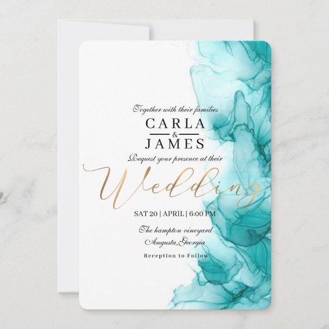  Modern Airy Blue Turquoise Watercolor Wedding  Invitation (Front)