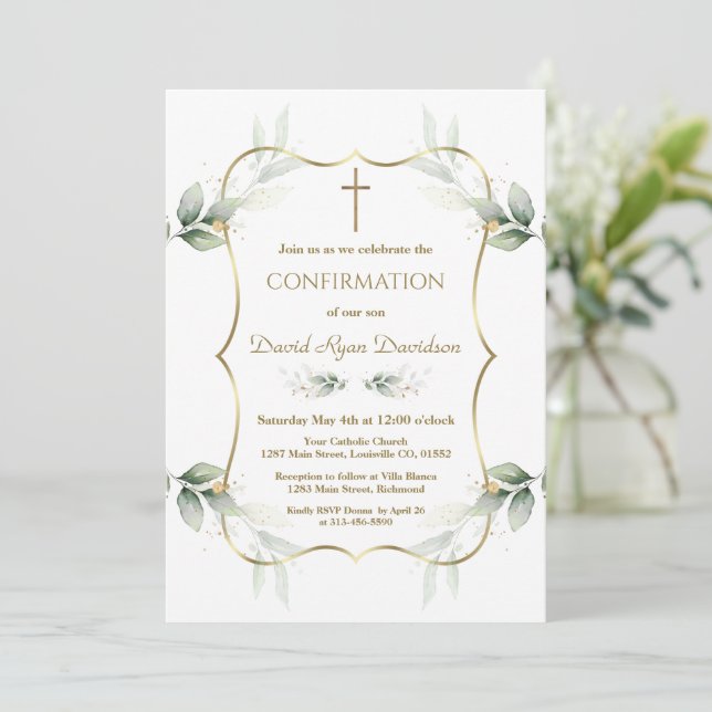 Modern Airy Greenery Gold Cross Boy Confirmation  Invitation (Standing Front)