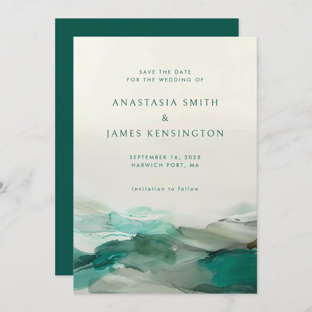 Modern Alcohol Ink Green Abstract Wedding Save The Date (Front/Back)