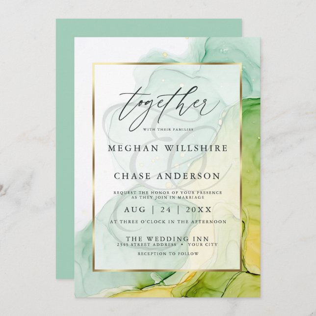 Modern Alcohol Ink Wedding Vibrant Greens and Gold Invitation (Front/Back)