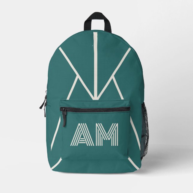 Modern Alexandrite Teal Geometric Monogram Printed Backpack (Front)