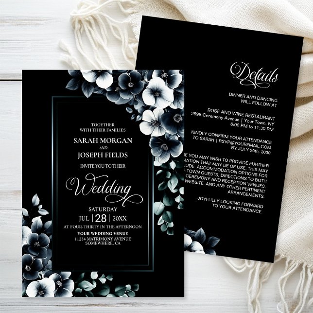Modern All in One Black and White Floral Wedding Invitation (Creator Uploaded)