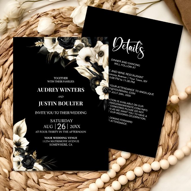 Modern All in One Black and White Floral Wedding Invitation (Creator Uploaded)