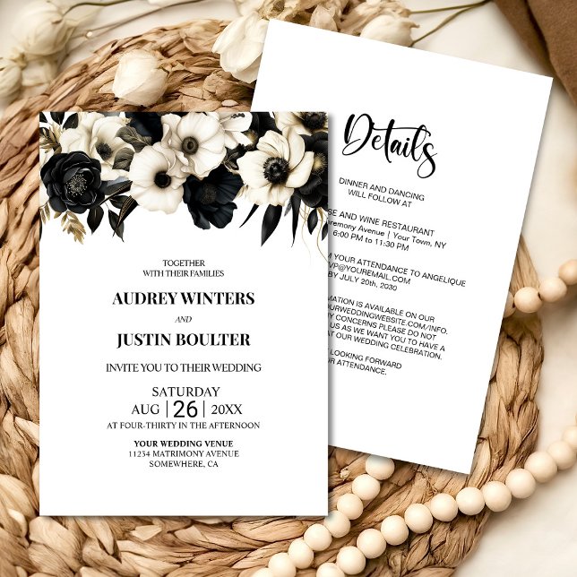 Modern All in One Black and White Floral Wedding Invitation (Creator Uploaded)
