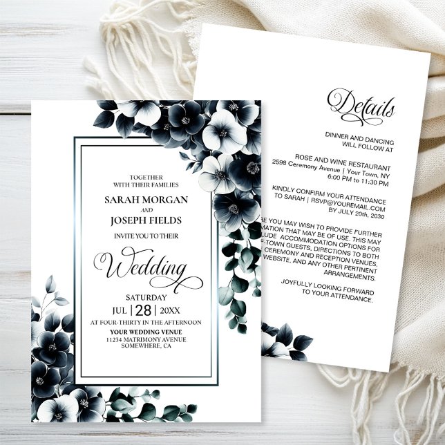Modern All in One Black White Floral Wedding Invitation (Creator Uploaded)