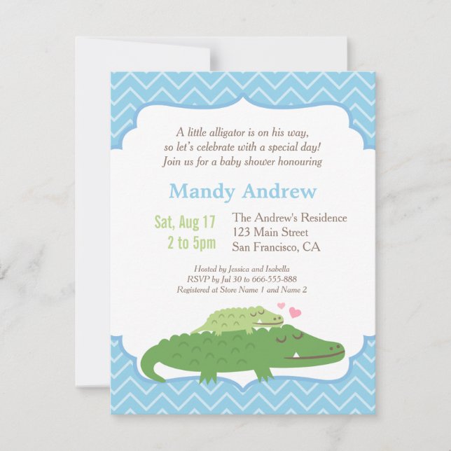 Modern Alligator Blue Chevron Baby Shower Party Invitation (Front)