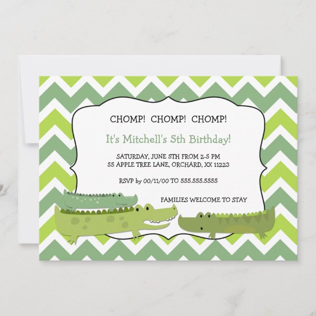 Modern alligator crocodile birthday party invites (Front)