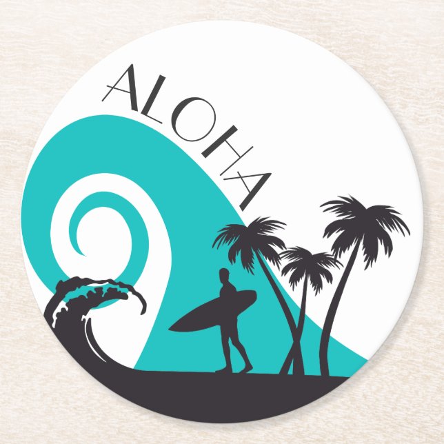 Modern Aloha Surf and Palm Trees Round Paper Coaster (Front)