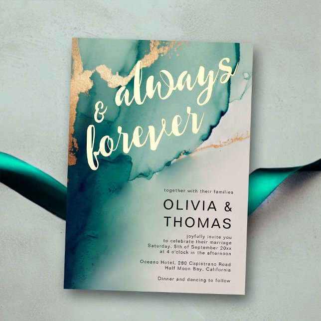 Modern Always Forever Emerald Gold Beach Wedding (emerald beach wedding invitation elegant bohemian modern romantic gold waves simple always forever)