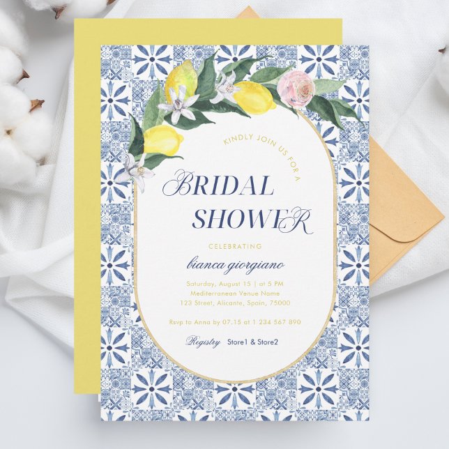 Modern Amalfi Coast Lemon Blue Tile Bridal Shower Invitation (Creator Uploaded)