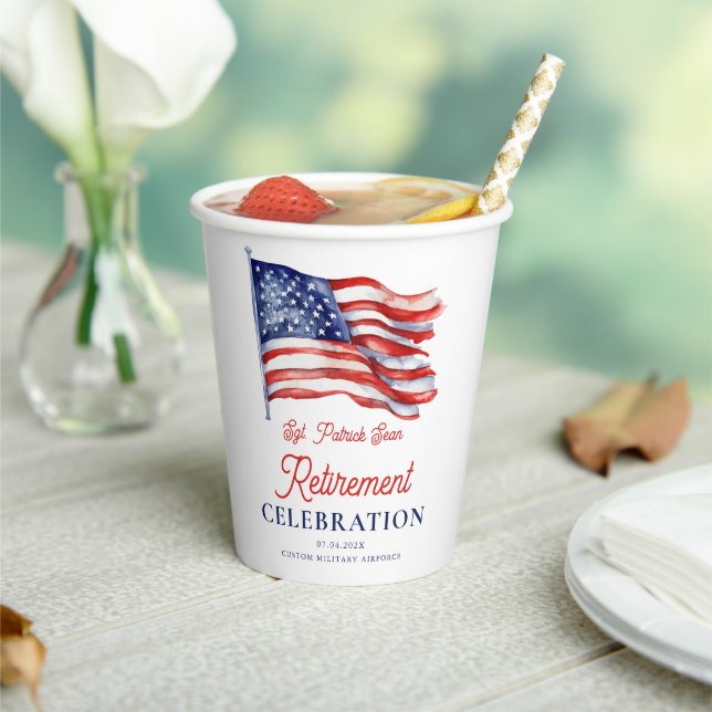 Modern American Flag Photo Army Retirement  Paper Cups (Insitu)