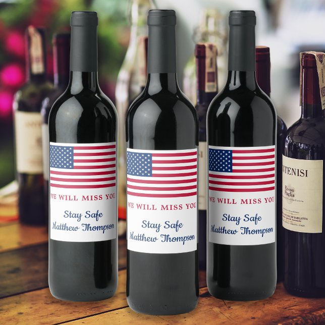 Modern American Flag Soldier Going Away Party  Wine Label (Creator Uploaded)