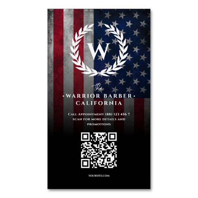Modern American Flag US Barbershop Monogram Barber Magnetic Business Card (Front Vertical)