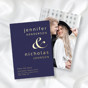 Modern Ampersand Navy Blue Photo Save The Date