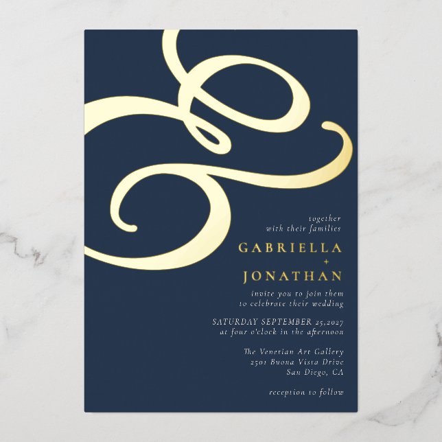 Modern Ampersand Navy Blue Wedding Gold (Front)