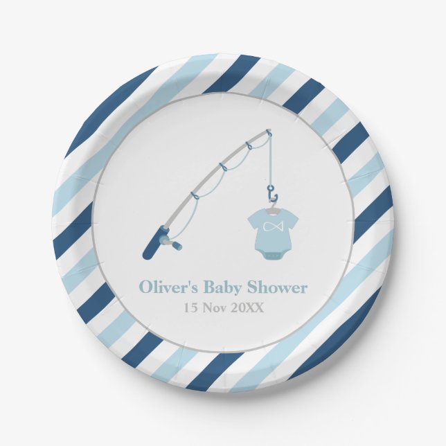 Modern and Cute Fishing Baby Shower Supplies Paper Plate (Front)