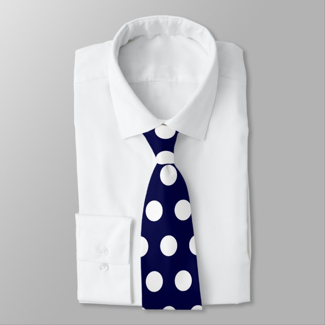 Modern and cute large navy blue, white polka dots tie (Tied)