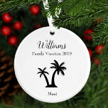 Modern and Elegant Family Name Tropical Vacation Ornament<br><div class="desc">Remember your family's tropical vacation with this personalised Christmas ornament. The ornament is modern and elegant and has a black silhouette of a palm tree and black text for your family's name, vacation year, and trip destination. This ornament is a lovely keepsake that will be treasured for years to come....</div>
