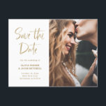 Modern and Elegant Gold | Photo Save the Date Announcement Postcard<br><div class="desc">This ultra modern, on-trend photo save the date postcard features a mix of trendy faux gold handwritten script typography and slab serif text. An elegant and simple announcement for your upcoming wedding! You can add one photo to the front, and then another full-bleed photo on the back that is faded...</div>