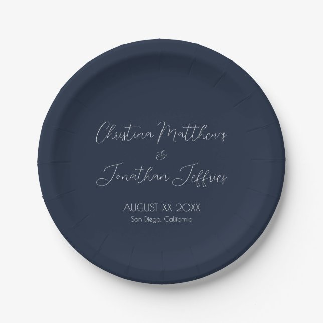 Modern and Elegant Navy Blue Wedding Paper Plate (Front)