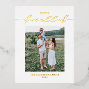 Modern and Elegant Script Happy Hanukkah Photo Foil Holiday Postcard