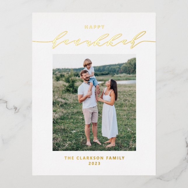 Modern and Elegant Script Happy Hanukkah Photo Foil Holiday Postcard (Front)