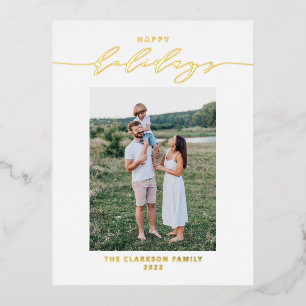 Modern and Elegant Script Happy Holidays Photo Foil Holiday Postcard