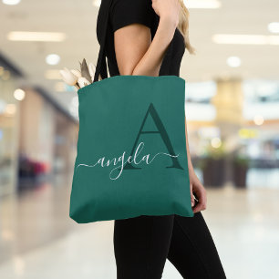  Modern and Elegant Teal Green Monogram Tote Bag