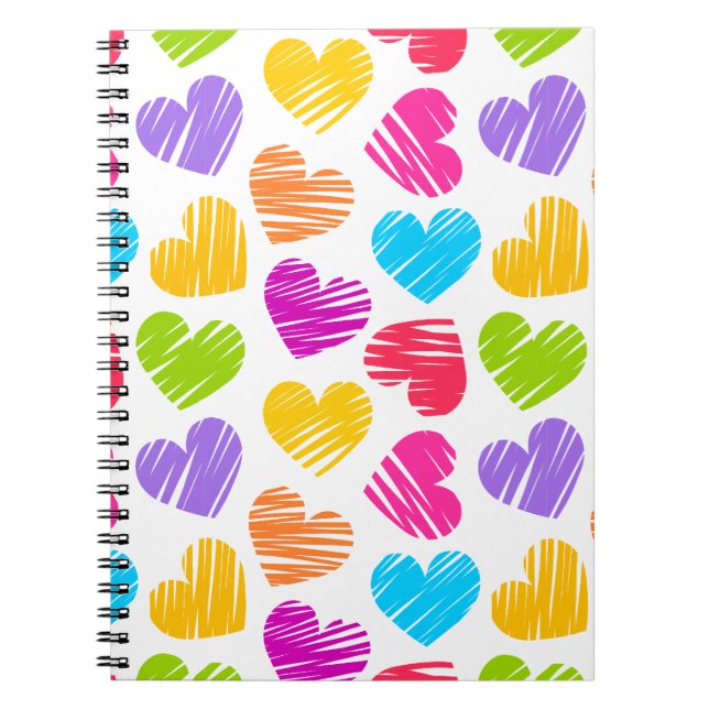 Modern and Girly Vibrant Doodled Hearts Pattern Spiral Notebook (Front)