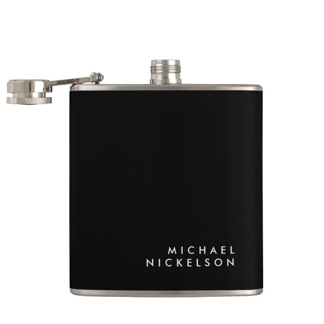 Modern and Minimal Black and White | Add your Name Hip Flask (Opened)