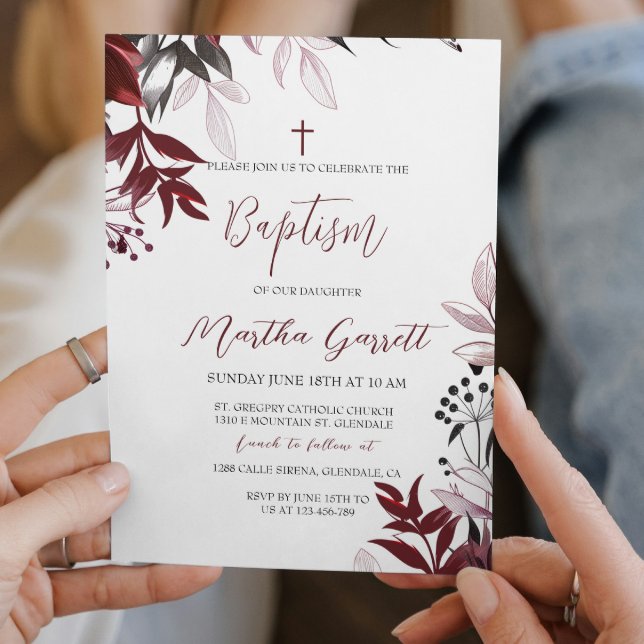 Modern and Simple Burgundy Girl Baptism  Invitation (Creator Uploaded)