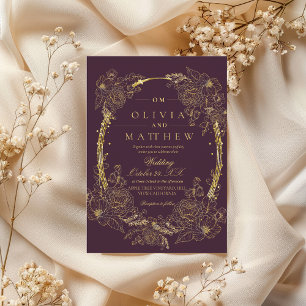  Modern and simple Burgundy Gold Florals Wedding  Invitation