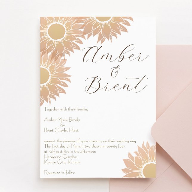 Modern and Simple Sunflower  Wedding Invitation (sunflower peach pink and yellow wedding invitation, perfect for spring or summer weddings!)