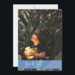 Modern and Simply Love and Light Hanukkah Holiday Card<br><div class="desc">Simple and modern, this design is a great way to send blessings to friends and family this Hanukkah. The design features a light blue with white diagonal stripes in the bottom right corner. The text "love and light" can be change as well as all the text on the back. Happy...</div>