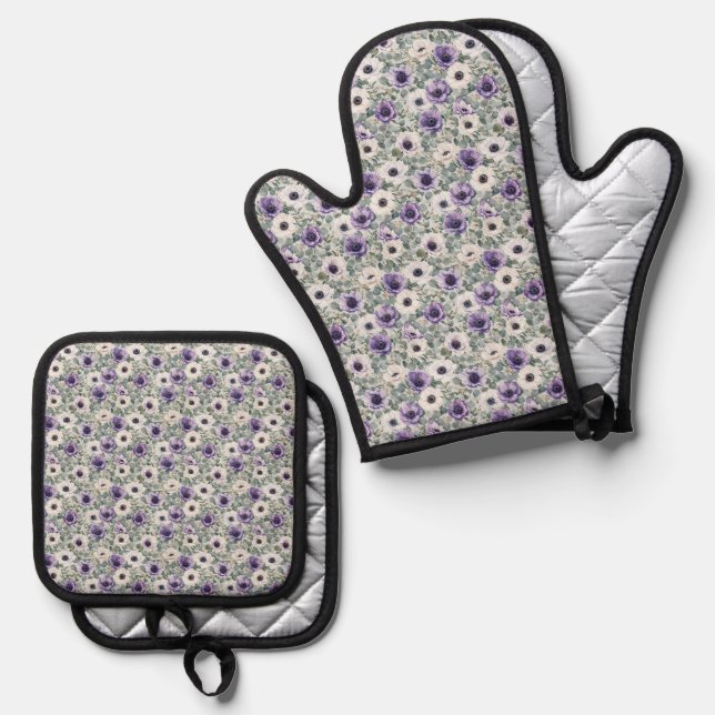 Modern Anemone and Eucalyptus Design Oven Mitt & Pot Holder Set (Front/Back)