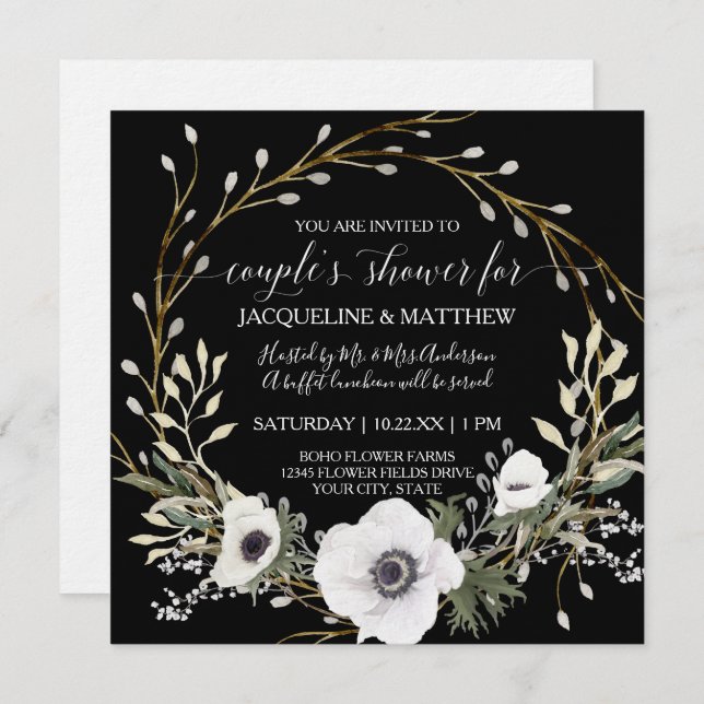 Modern Anemone Wreath Black White Couples Shower  Invitation (Front/Back)
