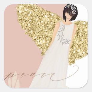 Modern Angel Gold Sparkly Wings Typography Peace Square Sticker