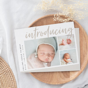 Modern Angle Three Photo Collage Birth Announcement
