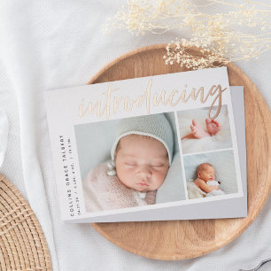 Modern Angle Three Photo Foil Birth Announcement