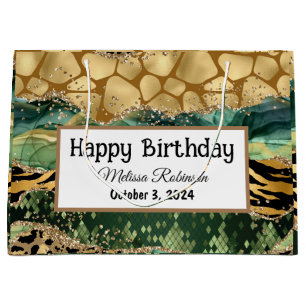 Modern Animal Print Glitter Happy Birthday Large Gift Bag