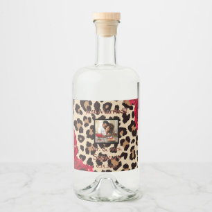 Modern Animal Print Red Rose "Just Married" Liquor Bottle Label