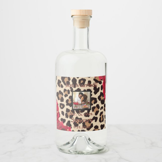 Modern Animal Print Red Rose "Just Married" Liquor Bottle Label (Front)