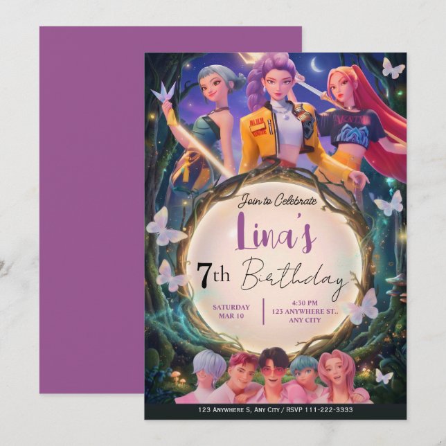 Modern Anime Girl Squad Neon Purple Birthday Invitation (Front/Back)