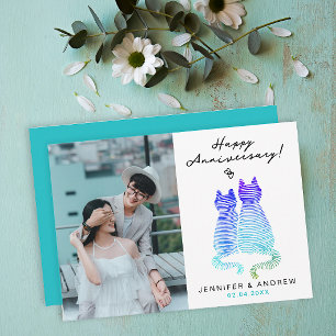 Modern Anniversary Gradient Blue Cats Love Photo Holiday Card