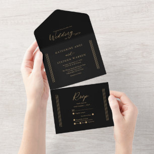 Modern Antique Gold   Black Minimalist Wedding All In One Invitation