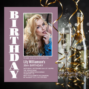 Modern Any Age Dusty Rose White Photo Birthday Invitation