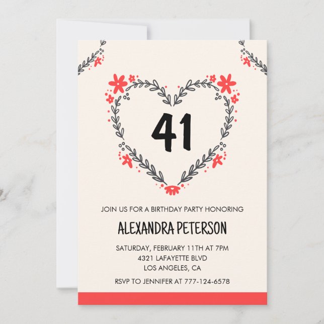 Modern Any age Floral Heart for her 41st birthday Invitation (Front)
